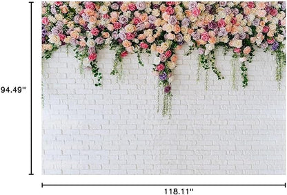 10X8FT White Brick with Flowers Backdrop Occasions Mother's Day Wedding Bridal Shower Birthday Party Banner Background Supplies DH-357