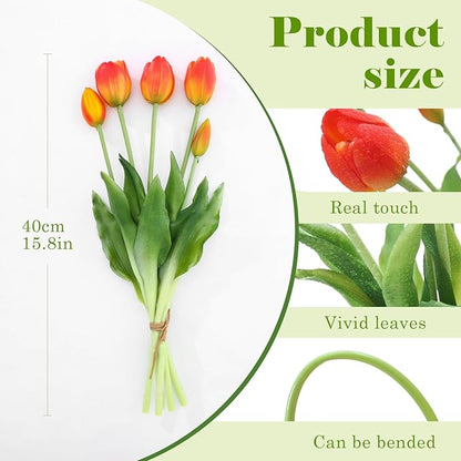 15PCS Artificial Tulips Real Touch Orange Faux Latex Flowers Lifelike Fake Tulip Bouquet Flowers Arrangements for Wedding Home Kitchen Garden Table Party Decoration