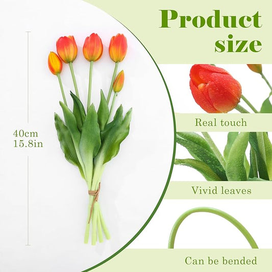 15PCS Artificial Tulips Real Touch Orange Faux Latex Flowers Lifelike Fake Tulip Bouquet Flowers Arrangements for Wedding Home Kitchen Garden Table Party Decoration