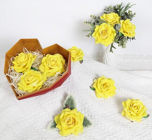 Artificial Flowers - 16pcs Yellow Fake Roses, 4.3" Velvet Roses for Wedding Bouquet, Home Party & Garden Decorations