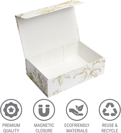 Luxury Keepsake Gift Box | Gold Floral Decorative Boxes with Magnetic Lids for Presents, Wedding Memory Box, and Bridal Gifts. 11.5" x 7.5" x 3.5"