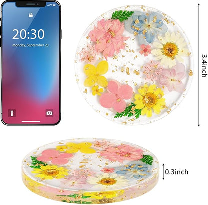 Flower Coasters, Tumwisk 4Pcs Dried Flower Drink Coasters, Women Coffee Table Dining Table Desk Aesthetic Coaster Set Natural Floral Coaster Home Decoration Housewarming Present