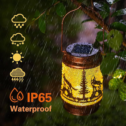 2 Pack Wolf Solar Lanterns Outdoor Waterproof Hanging Lights for Garden Decor, Yard, Patio, Lawn, Tabletop, Pathway, Landscape - Metal Decorative LED Lanterns, Gifts for Women Men