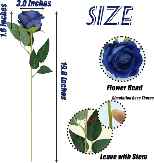 SITUMEIZI 15PCS Blue Artificial Roses Silk Flowers Fake Roses Realistic Bouquet Long Stem with Gift Box for Mother's Gift Day Home Party Wedding Decorations