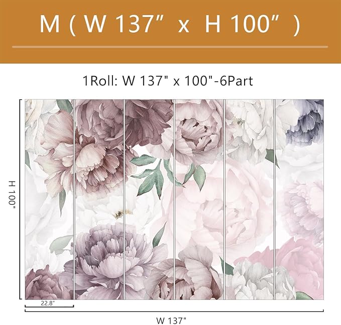 Vintage Floral Wallpaper Peel and Stick Watercolor Peony Self Adhesive Wall Mural for Living Room and Bedroom 137"x100"