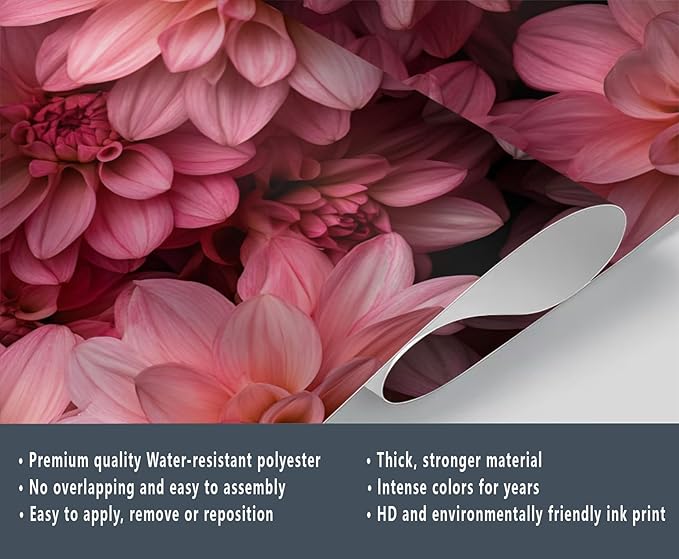 Pink Dahlia Floral Wall Mural, Blush Pink Dahlia 3D Wall Murals, Romantic Floral Wallpaper Mural, for Living Room Bedroom Large Wallpaper Indoor Decor 59" W x39.4 H