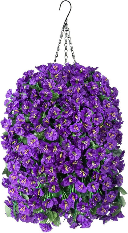 HyeFlora Artificial Faux Hanging Flowers Plants Basket for Outdoor Outside Porch Decoration, UV Resistant Fake Silk Purple Morning Glory Trailing Vines Realistic for Summer Home Balcony Yard Patio