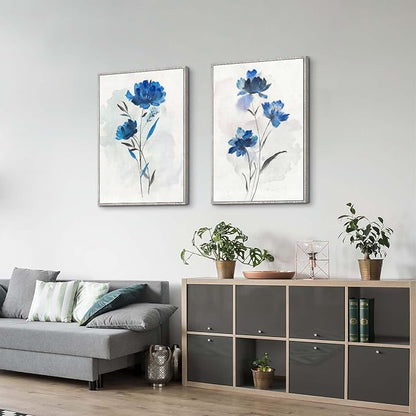Flower Canvas Framed Wall Art: 2 Pieces Navy Blue Floral Prints Artwork Vintage Wildflower Bouquet Botanical Abstract Picture Painting for Living Room Bathroom Home Office