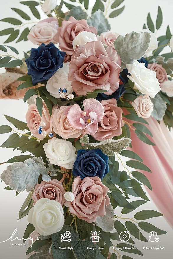 Ling's moment Pink Blue Artificial Wedding Arch Flowers Kit Pack of 4, 2pcs Hanging Flower Arrangement 2pcs Chiffon Drapes Ceremony Reception Fake Rose Arbor Backdrop Floral Party Outdoor Decorations