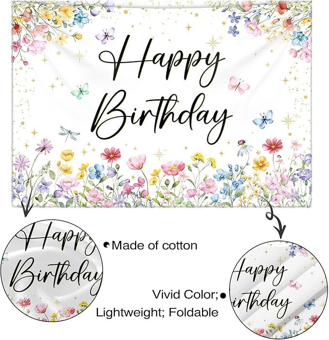 Mocsicka Wildflower Birthday Backdrop Girls Floral Wildflower Birthday Decorations Spring Garden Butterfly Flower First Birthday Banner Background Decorations (7x5ft (82x60 inch))