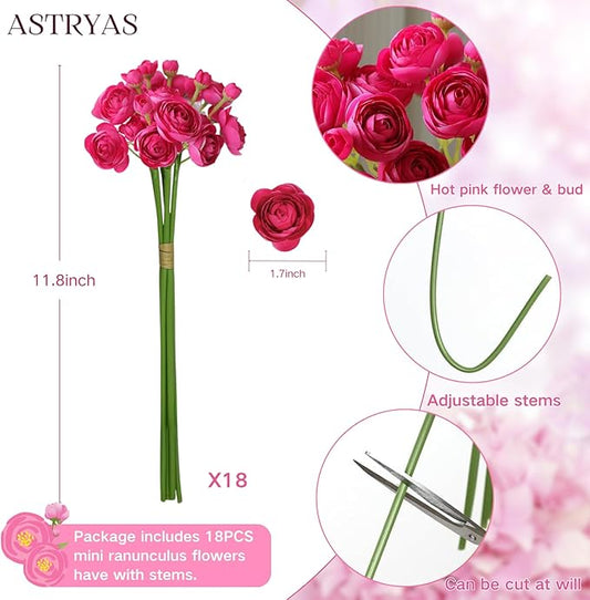 ASTRYAS Ranunculus Artificial Flower, 18Pcs Hot Pink Faux Silk Mini Ranunculus Flowers for DIY Bouquet, Bulk Fake Wedding Filler Flowers for Centerpiece Table Wedding Bridal Party Home Decor Cake
