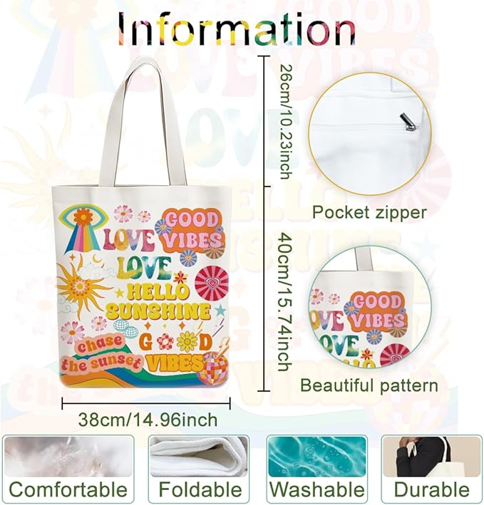 ANATTASOUL Canvas Tote Bag Boho Elements Reusable Cotton Bag for Women, Durable Cloth Shoulder Bags with Zipper Pockets for Shopping, Vacation, Work, Gym