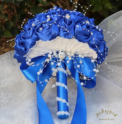 Bridal Wedding Bouquet Round Bling Brooch Bouquet Throw Toss Artificial Rose Flower Bunch for Bride Bridesmaid Wedding Quinceanera(Royal Blue, 8.7")