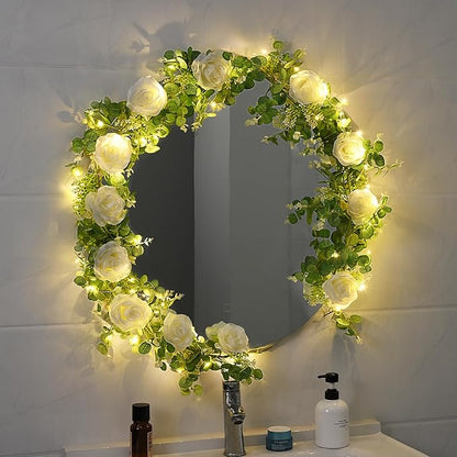 Dolicer 2Pcs 13Ft Artificial Eucalyptus Garlands with Flowers - 8 Roses, Faux Floral Greenery Garlands with 13Ft String Lights Fake Flower Vines for Wedding Table Centerpieces Arch Party Decor (White)