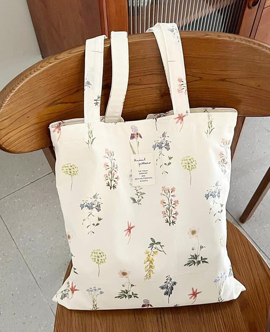 Cotton Canvas Tote Bag Reusable Soft Grocery Cloth Bag Floral Shoulder Bag for Beach Travel Shopping