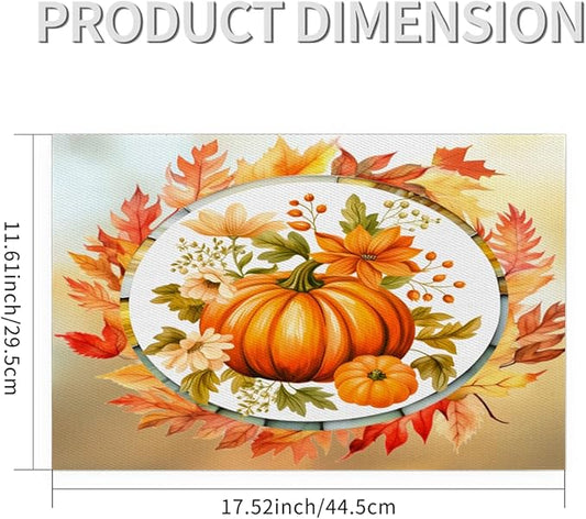 Fall Autumn Flower Pumpkin Placemats Set of 4 PVC Vinyl Non Slip Table Mats Heat Resistant Place Mats Washable Wipeable Dining Table Mat for Kitchen Decor Party Indoor Outdoor Decorative Gift