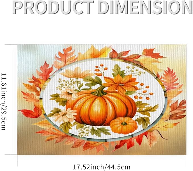 Fall Autumn Flower Pumpkin Placemats Set of 1 PVC Vinyl Non Slip Table Mats Heat Resistant Place Mats Washable Wipeable Dining Table Mat for Kitchen Decor Party Indoor Outdoor Decorative Gift