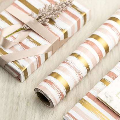 WRAPAHOLIC Reversible Pink Wrapping Paper - Mini Roll - 17 Inch X 33 Feet - Pink Gold Lines and Solid Pink Design for Girls Birthday, Baby Shower, Wedding, Bridal Shower
