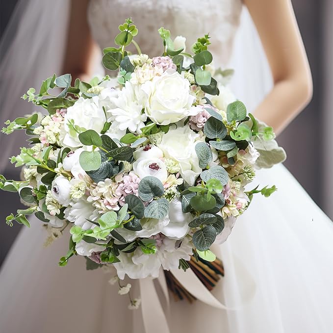 Zerzsy Artificial White Peony Flower Bouquet with Green Leaves Stem, 4pcs Stems Silk Flowers Bouquet Fake Peonies Flower Arrangements Vase Decorating for Centerpiece Table Wedding Party Home