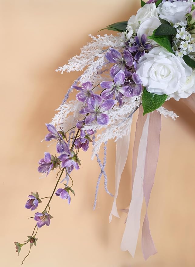 Bridal Bouquet,9 Inch Wedding Bouquets Purple and White Fake Wedding Silk Flowers for Ceremony Anniversary Brides Shower(Purple)