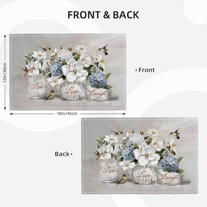 White Flower Placemats Set of 6, Hummingbirds Floral Live Love Laugh Double-Sided Table Mats for Kitchen Dining Room Home Party Indoor 6 PCS 12x18 Inch