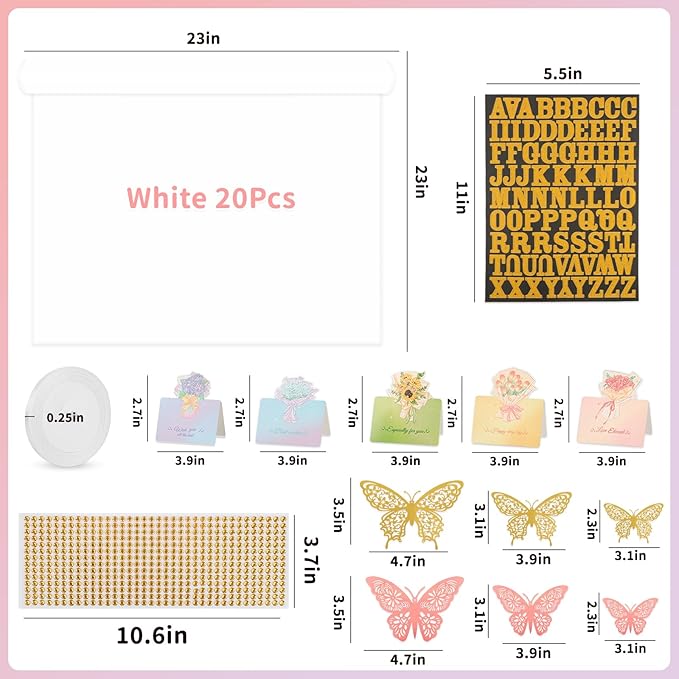 52Pcs Flower Bouquet Wrapping Paper Accessories Kit, 20 Sheets White Waterproof Floral Wrapping Paper, 12 Gold 12 Pink Butterflies, 5 Cards, 1 White Ribbon, 1 Letter 1 Rhinestone Sticker (White Edge)