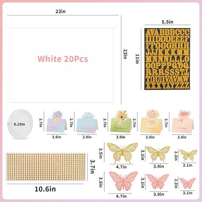 52Pcs Flower Bouquet Wrapping Paper Accessories Kit, 20 Sheets White Waterproof Floral Wrapping Paper, 12 Gold 12 Pink Butterflies, 5 Cards, 1 White Ribbon, 1 Letter 1 Rhinestone Sticker (White Edge)