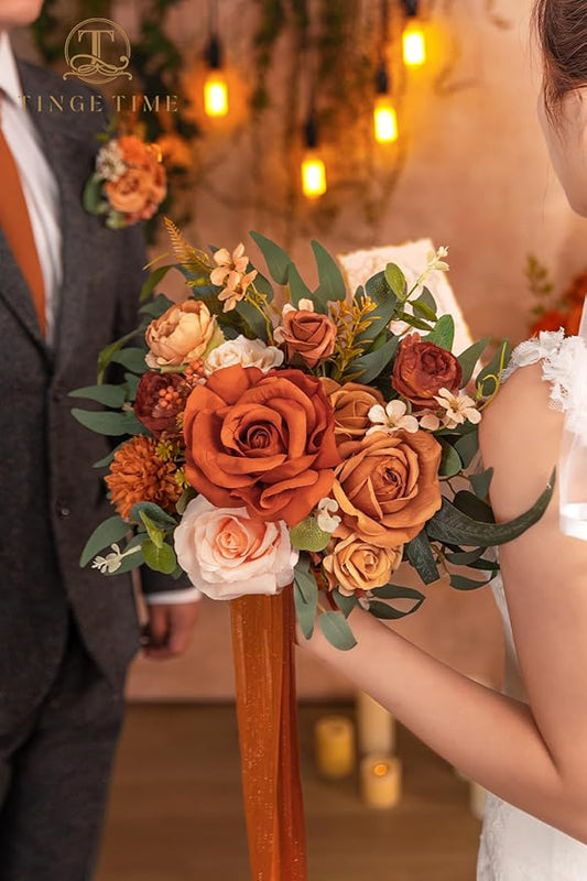 TINGE TIME Wedding Bouquets for Bride, 9 Inch Handcrafted Silk Bridal Flowers Bouquets for Fall Wedding Ceremony, Gift for Bridesmaid, Bouquet for Party Church Decoration (Brunt Orange)