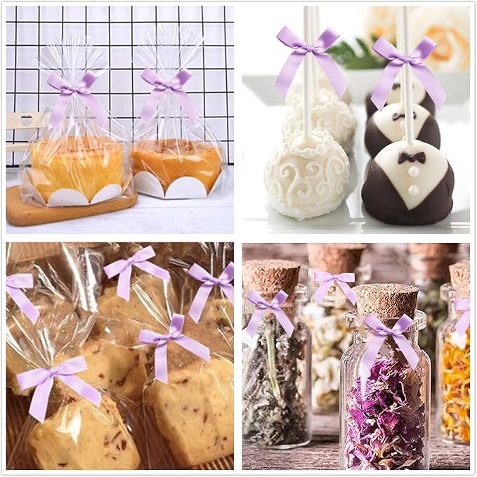 100 PCS 3 Inch Twist Bows for Treat Bags, Satin Twist Tie Bows, Pre Tied Bows with Wire, Ribbon Bows with Twist Ties for Gift Bags, Popcorn Bags, Cookie Bags, Party Favors(Light Purple)