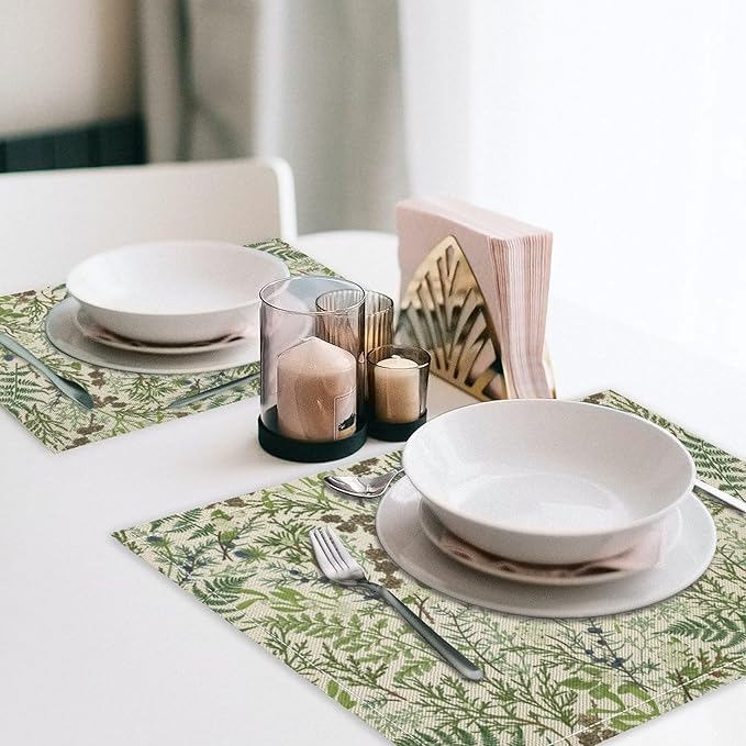 Retro Botanical Placemats Set of 8, 17x12 Inch Rustic Farmhouse Green Leaves Vintage Plants Aesthetic Table Mats for Home Party Kitchen Dining Decor