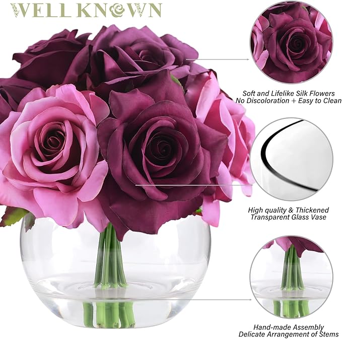 WELL KNOWN Silk Purple and Pink Roses Bouquet in Vase, Artificial Fake Flowers Arrangements in Glass Vase with Faux Water for Home Office Hotel Birthday Wedding Party Table Decoration & Mom's Gift