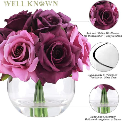 WELL KNOWN Silk Purple and Pink Roses Bouquet in Vase, Artificial Fake Flowers Arrangements in Glass Vase with Faux Water for Home Office Hotel Birthday Wedding Party Table Decoration & Mom's Gift