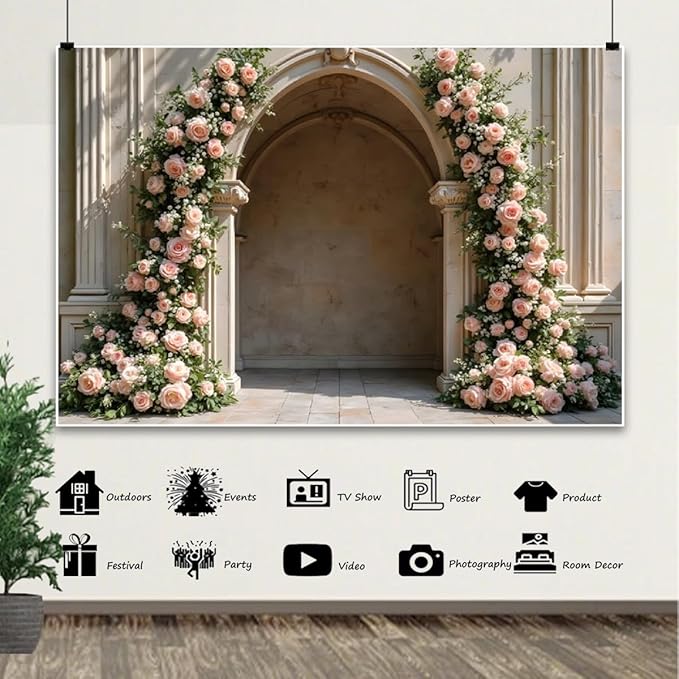 7x5ft Retro Pink Roses Flowers Backdrop Spring Blooming Floral Arch Old Palace Wall Background for Wedding Mothers Day Valentines Day Bridal Birthday Princess Couples Women Portraits