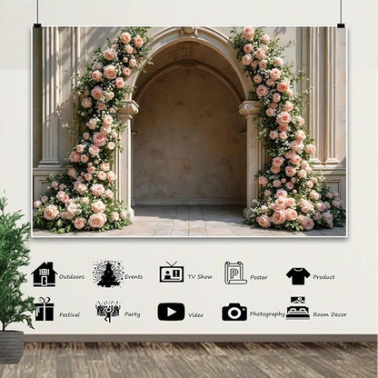 7x5ft Retro Pink Roses Flowers Backdrop Spring Blooming Floral Arch Old Palace Wall Background for Wedding Mothers Day Valentines Day Bridal Birthday Princess Couples Women Portraits