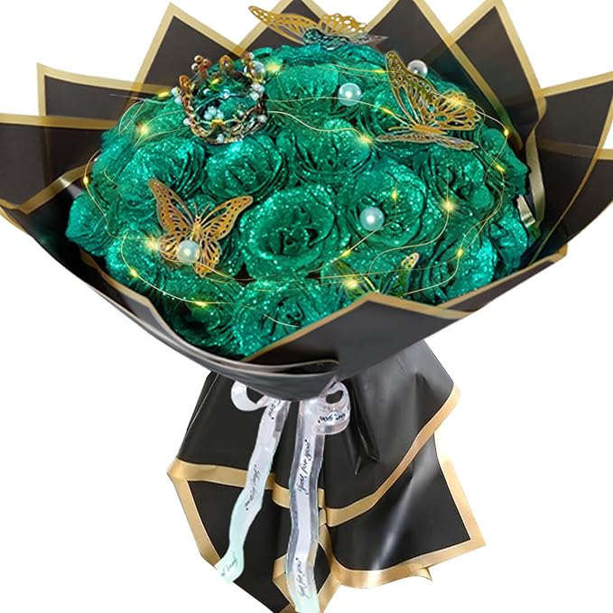 Dark Green Glitter Roses Bouquet, 36 Pcs Shiny Glitter Flowers Bouquet, Everlasting DIY Artificial Roses Bouquet for Christmas, Birthday, Anniversary, Wedding, Engagement