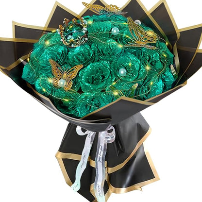 Dark Green Glitter Roses Bouquet, 36 Pcs Shiny Glitter Flowers Bouquet, Everlasting DIY Artificial Roses Bouquet for Christmas, Birthday, Anniversary, Wedding, Engagement