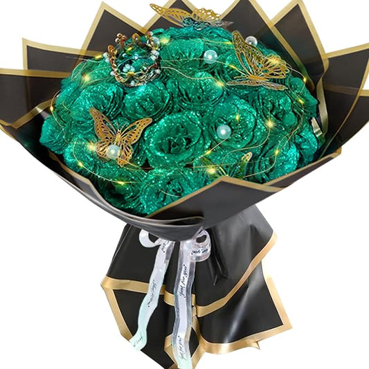 Dark Green Glitter Roses Bouquet, 36 Pcs Shiny Glitter Flowers Bouquet, Everlasting DIY Artificial Roses Bouquet for Christmas, Birthday, Anniversary, Wedding, Engagement