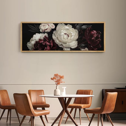 SIGNFORD Large Framed Canvas Print Wall Art Vintage Peonies Classic Floral Painting in Deep Tones Illustrations Modern Art Relax/Calm Warm for Living Room, Bedroom, Office - 60"x20"