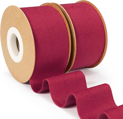 Red Chirtsmas Ribbon, 1-1/2 inch Wide Handmade Velvet Ribbons for Christmas Decor, Flower Bouquet, Wedding Decoration, Baby Shower, 2 Rolls