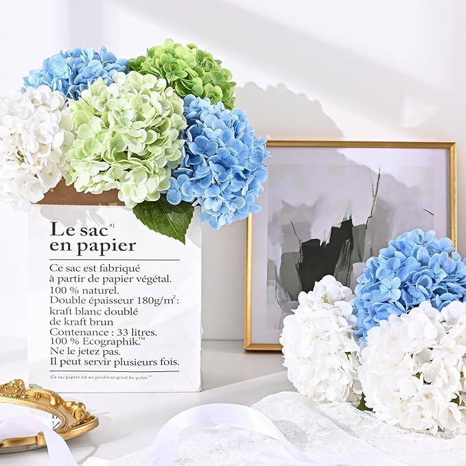 4 Pcs Blue Hydrangea Artificial Flowers, Latex Real Touch Hydrangea Flowers, 19.6'' Full Faux Hydrangea Flowers Fake Flowers for Home Decor Party Wedding Centerpiece Bouquet Floral Arrangements