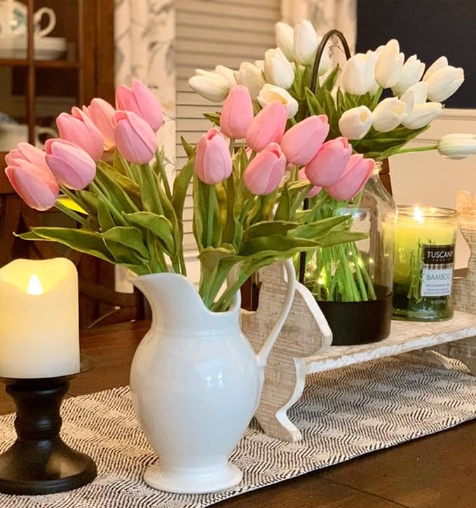 Beferr Pink Tulips Artificial Flowers 18Pcs Faux Tulip Real Touch Tulip Fake Flowers Bouquets Arrangements for Mothers Day Spring Easter Wedding Home Table Decor Pink