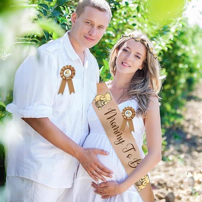 Winnie Baby Shower Sash Mom to Be Sash and Dad to Be Pin Flower Crown for Gender Reveals Party Baby Shower Party Favors Decorations for Boys and Girls Pregnancy Props Gift, Standard, Brown
