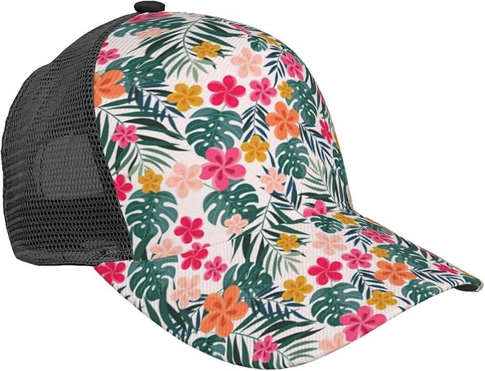 Tropical Pink Flowers Hats Women Men Hawaii Trucker Hat Adjustable Snapback Mesh Baseball Cap Hat