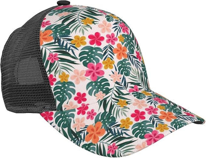 Tropical Pink Flowers Hats Women Men Hawaii Trucker Hat Adjustable Snapback Mesh Baseball Cap Hat