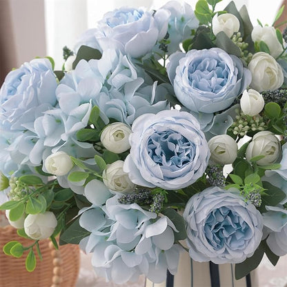 2 Bunches Artificial Peonies Flowers Silk Blue Peonies Fake Hydrangea Flowers Arrangements Table Centerpiece Faux Flores for Bridal Wedding Home Decor (2, Blue White)