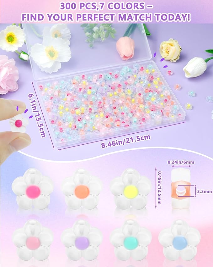 FIVEIZERO 300PCS Acrylic Flower Beads — Multicolor Transparent Flower Bracelet Charms for DIY Jewelry Making, Bracelets & Necklaces