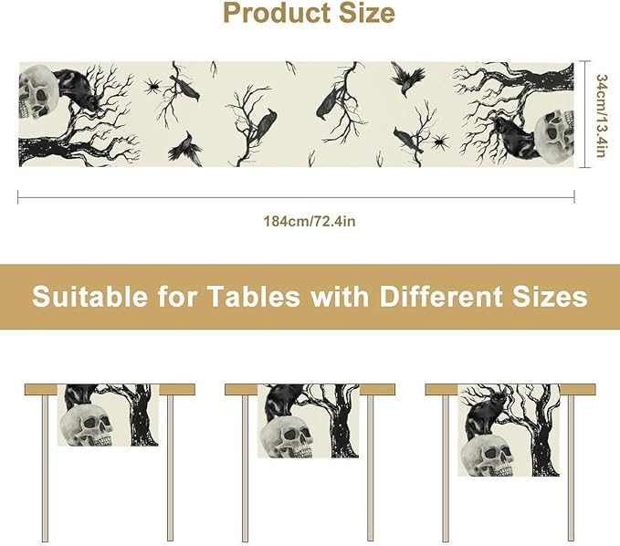 Gothic Table Runner, Black Cat Day of Death Crow Skull Halloween Witchy Retro Coffee Table Center Decor for Home Kitchen Dining Patio Holiday Party Table Decorations 13x108 inches