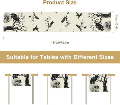 Gothic Table Runner, Black Cat Day of Death Crow Skull Halloween Witchy Retro Coffee Table Center Decor for Home Kitchen Dining Patio Holiday Party Table Decorations 13x90 inches