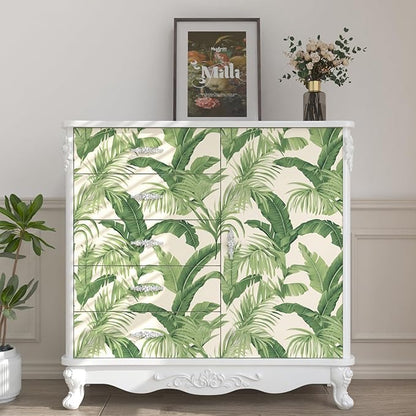 Green Leaf Wallpaper Peel and Stick, Beige Tropical Contact Paper 17.5" x 393.7", Palm Leaves Wall Paper Self Adhesive Waterproof Removable for Room Shelves Cabinet Drawer Table Decor