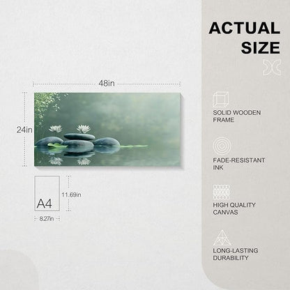 Iallbin Zen Stone Wall Art & Zen Wall Decor, Tranquil misty pond two white lotus flowers -for Yoga Meditation Room, Spa & Bathroom, Green Serenity Art Deco Style, Ready to Hang, 58x29 Inches